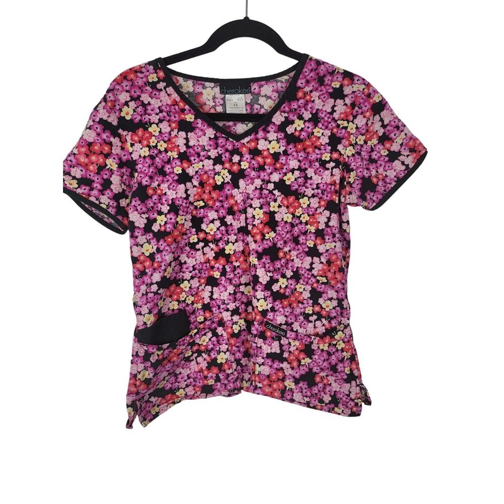 Cherokee Medical Scrub Top XS Womens Multicolor Floral‎ V Neck Short Sleeve Top
